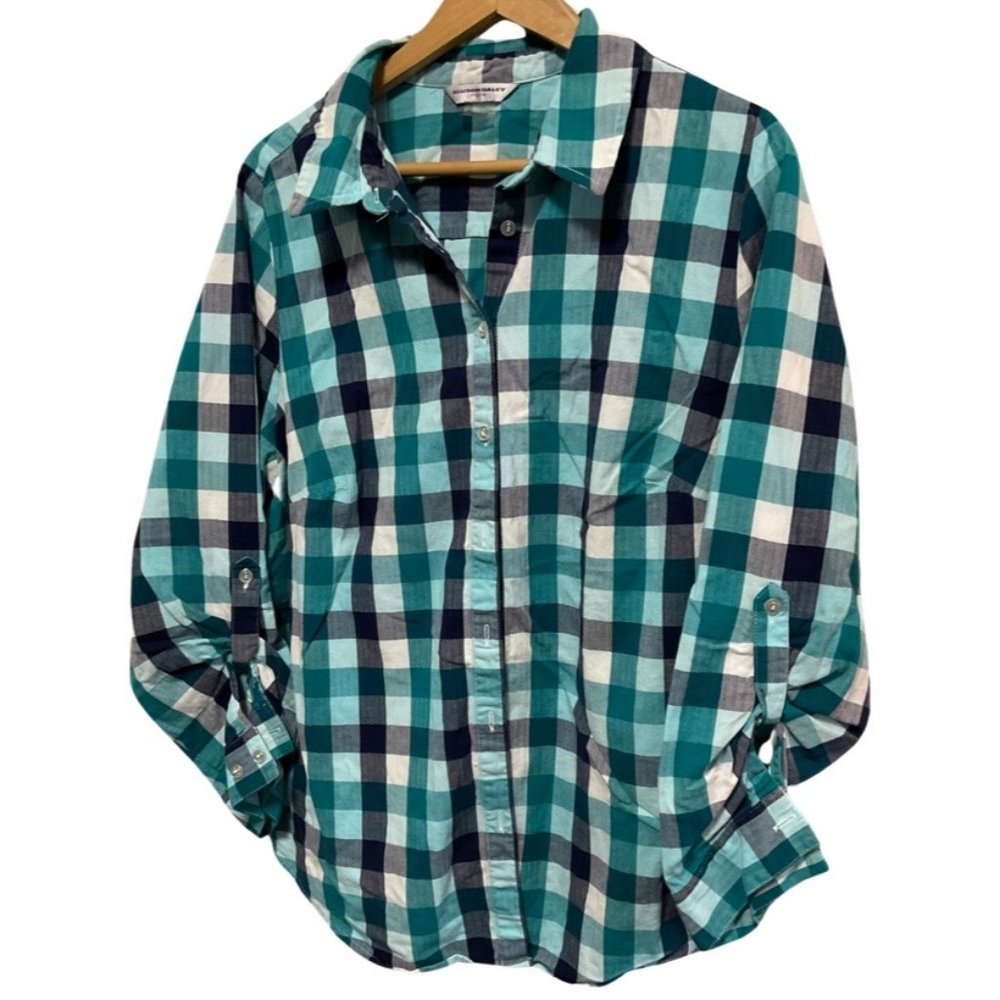 Navy/Teal/White Checkered Print Long Sleeve Button Up Shirt